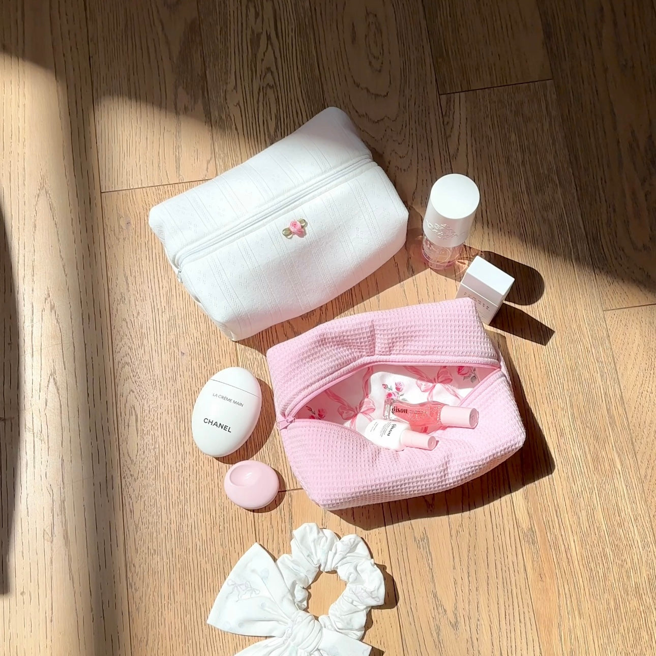 PINK WAFFLE KNIT BOWS MAKEUP BAG