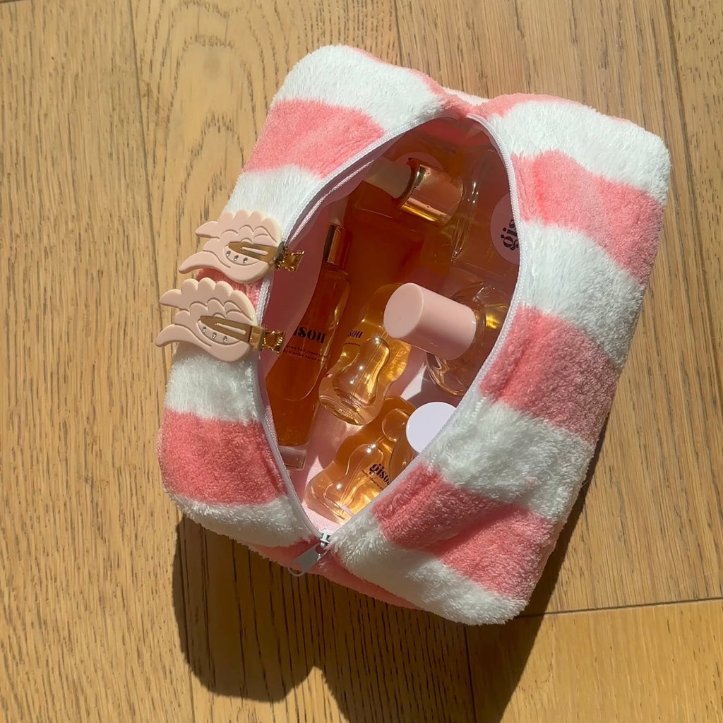 CORAL CANDY CANE STRIPES MAKEUP BAG