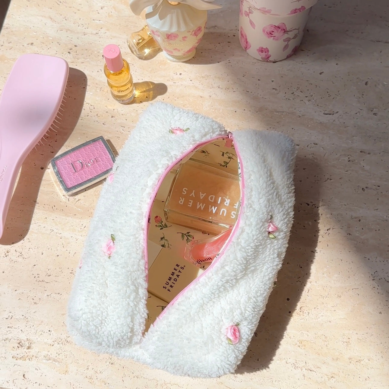 LIMITED EDITION CREAM ROSEBUDS MAKEUP BAG