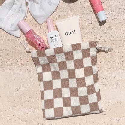 BROWN GINGHAM MINI DRAWSTRING BAG-AYJAY
