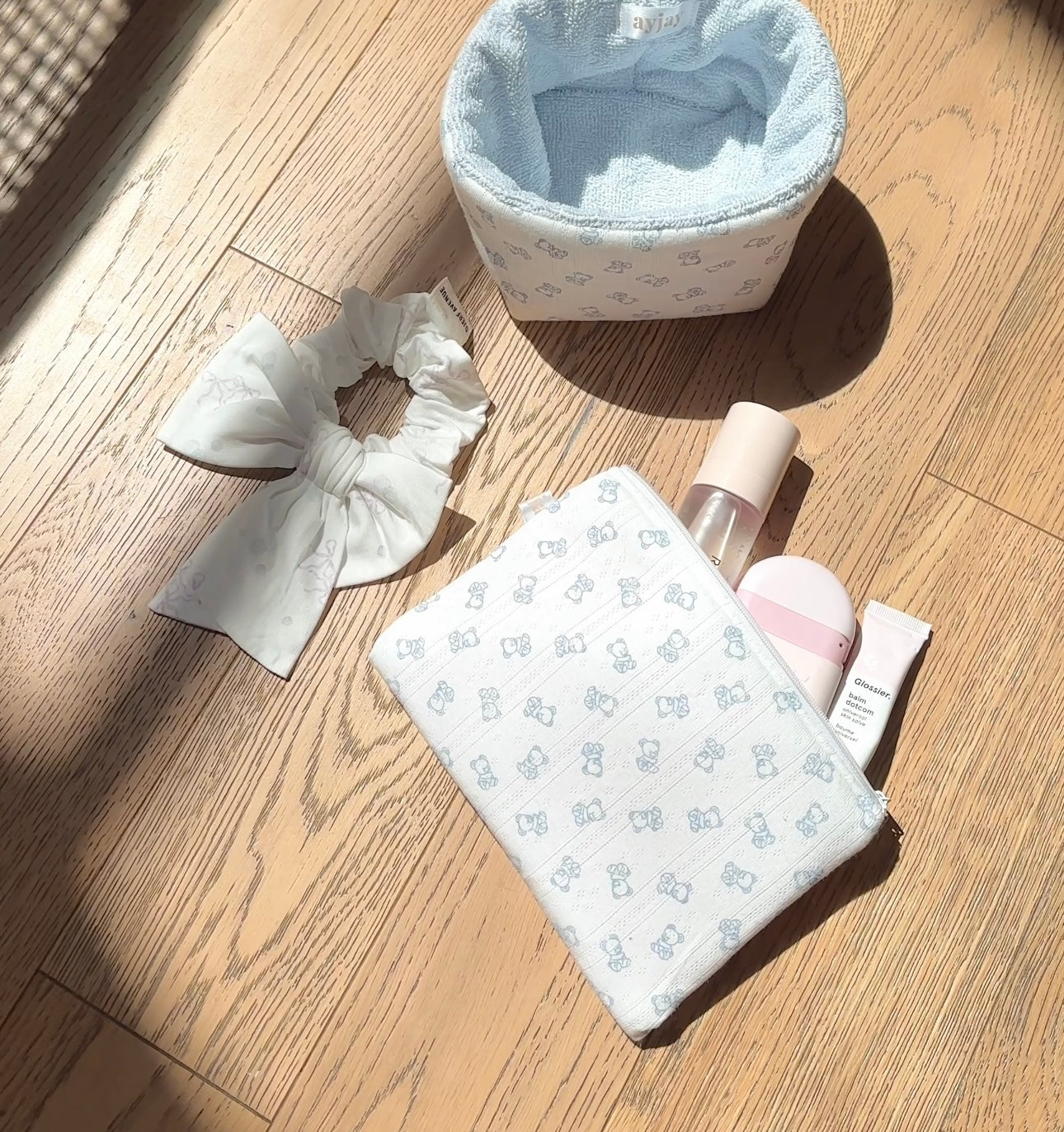 WHITE BABY BLUE TEDDY BEAR FLAT POUCH