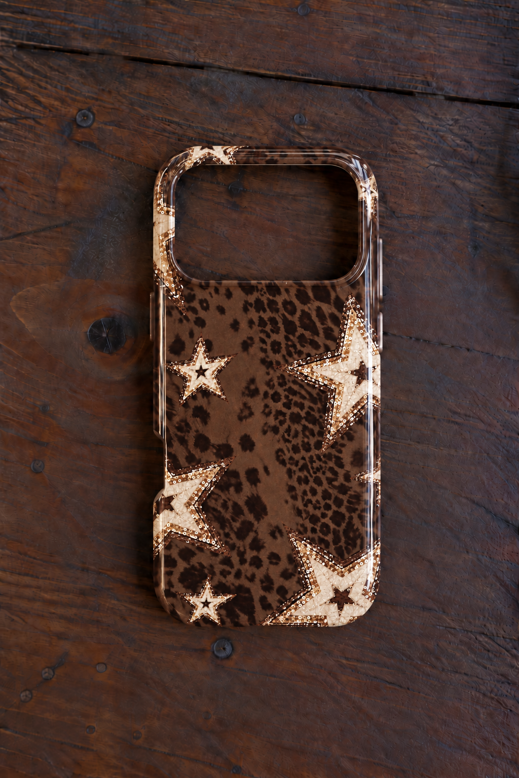 BROWN LEOPARD GOLD STARS PHONE CASE