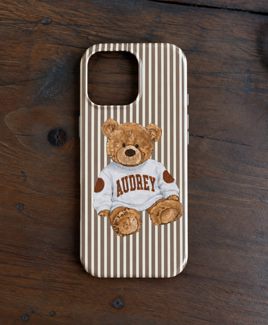 PERSONALIZED VARSITY SWEATER BROWN STRIPES CUSTOM TEDDY BEAR NAME PHONE CASE