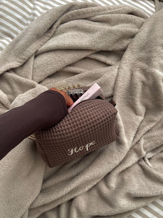 BROWN WAFFLE KNIT PERSONALIZED NAME BAG