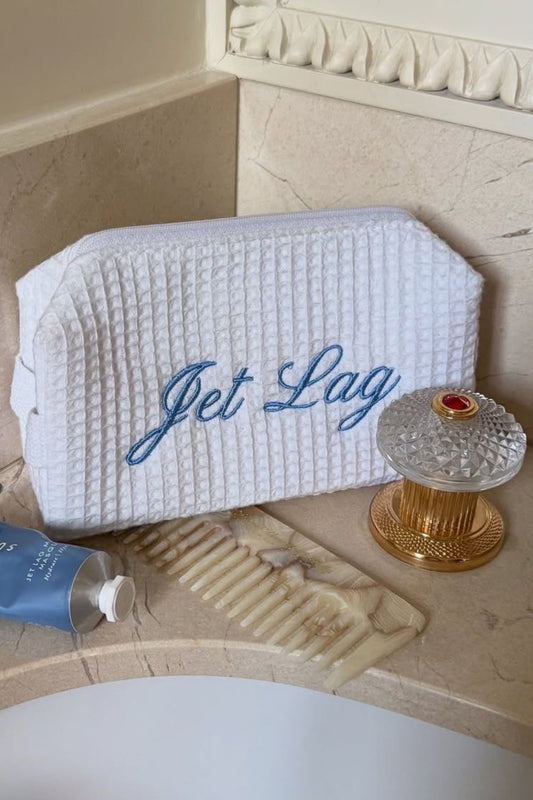 WHITE WAFFLE KNIT BLUE PERSONALIZED NAME BAG