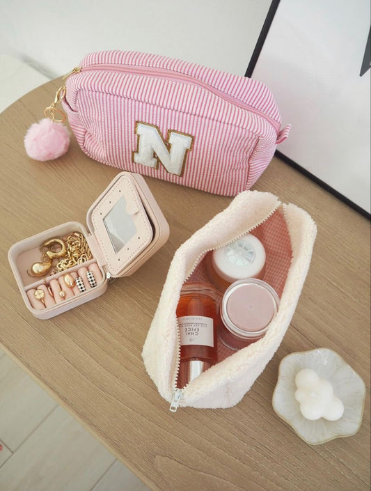 PINK STRIPES VARSITY INITIAL LETTER PERSONALIZED BAG