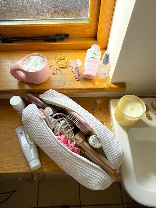 WHITE WAFFLE KNIT HAIRTOOL BAG PERSONALIZED