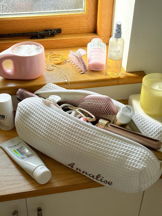 WHITE WAFFLE KNIT HAIRTOOL BAG PERSONALIZED