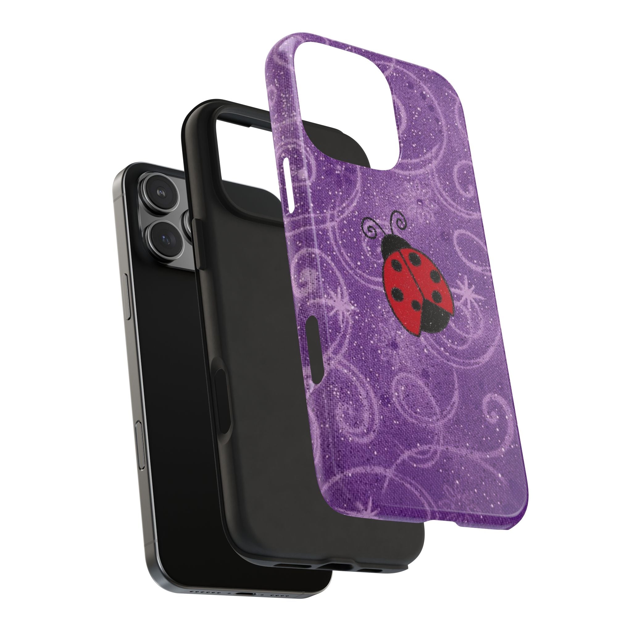 Purple glitter phone case with ladybug and swirl pattern, open camera cutout