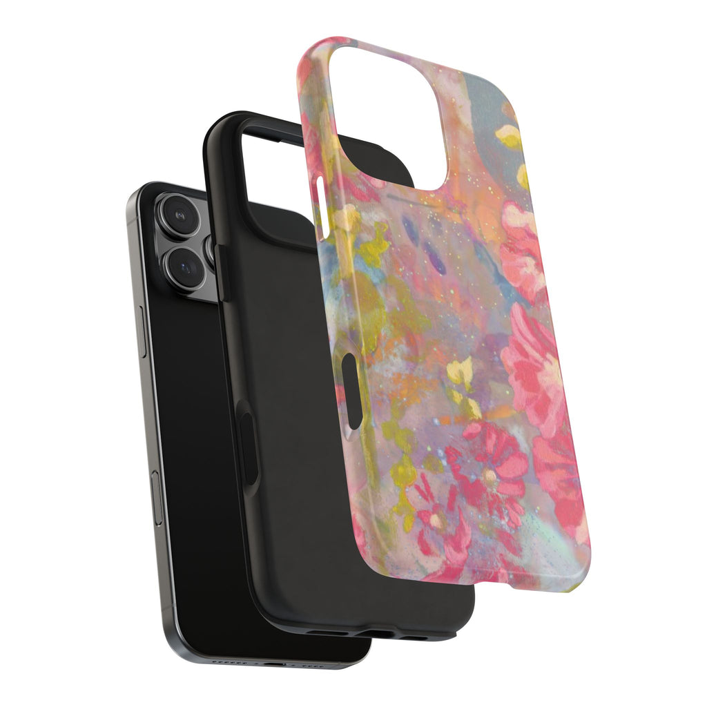 Prism floral phone case with open camera cutout and side button openings