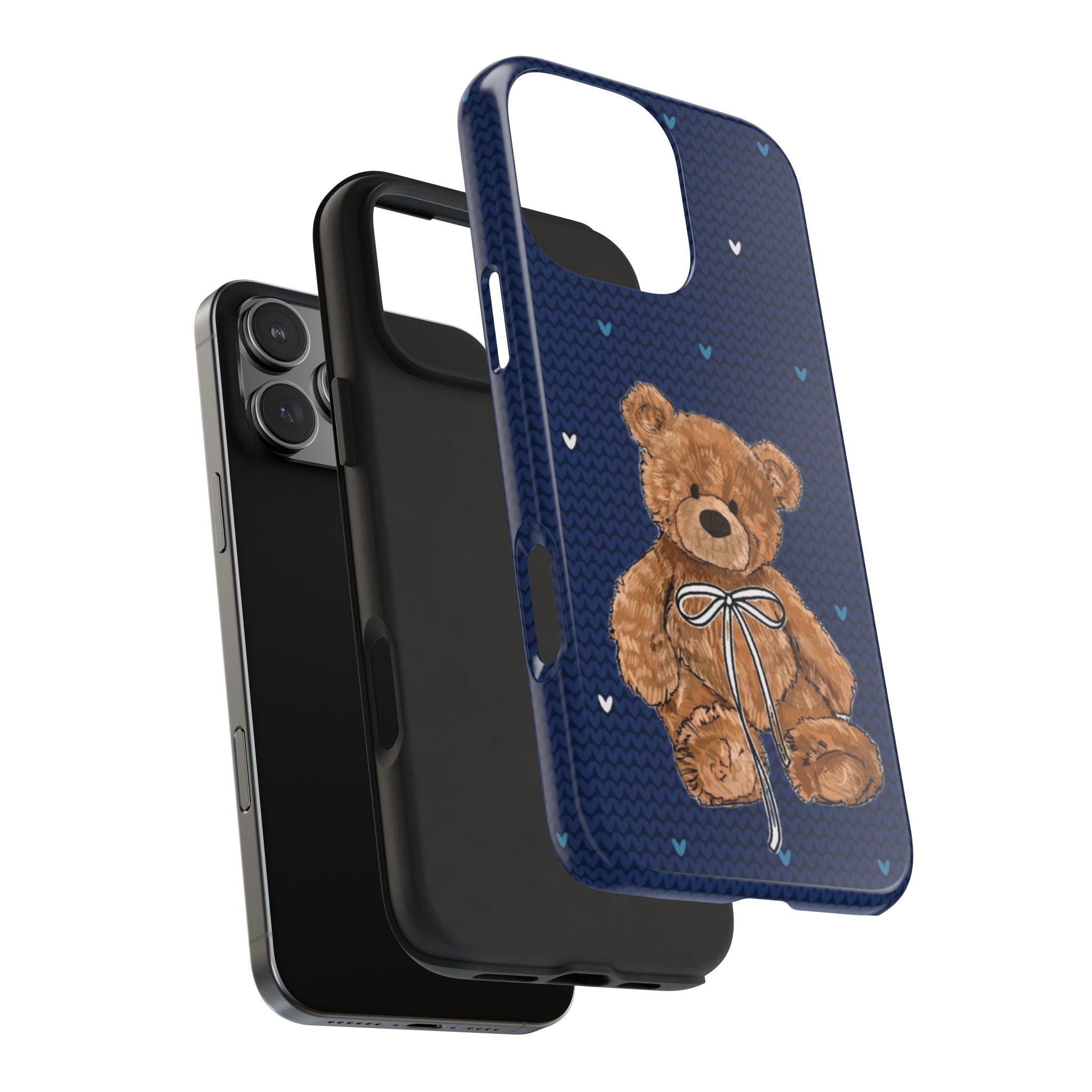 NAVY BLUE KNIT HEARTS TEDDY BEAR BOW PHONE CASE