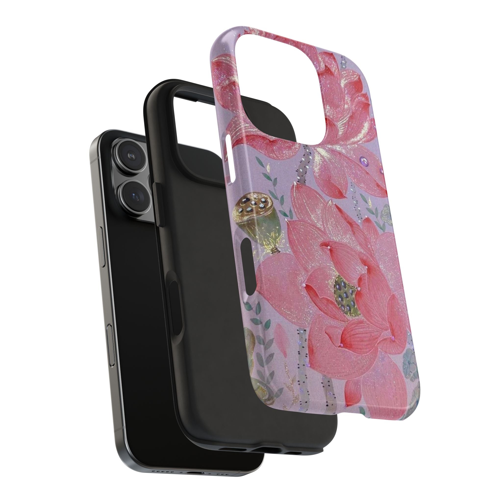 Purple glitter floral phone case with pink flower design, slim side profile
