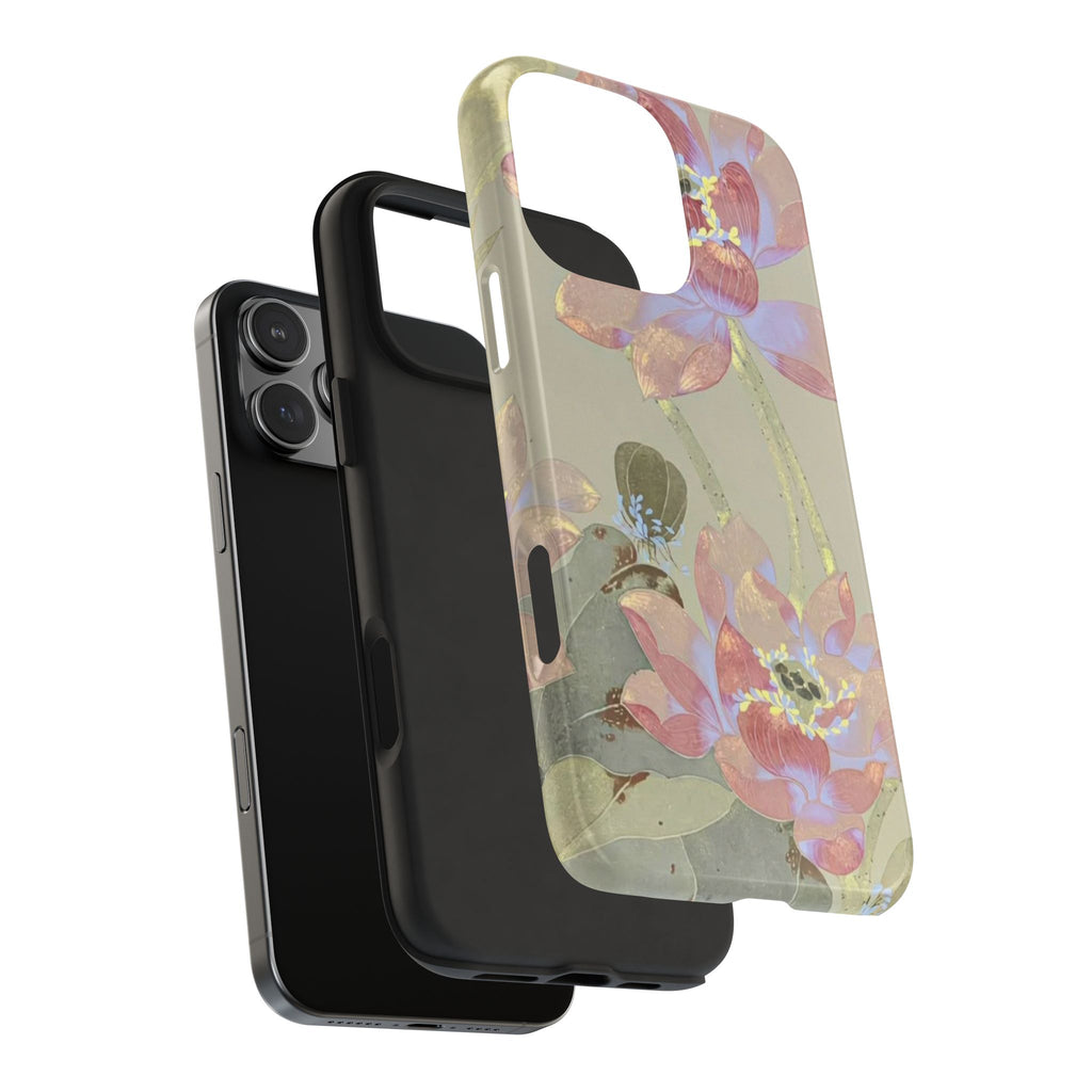 Orchid floral phone case with transparent back and pink orchids, side cutout for buttons