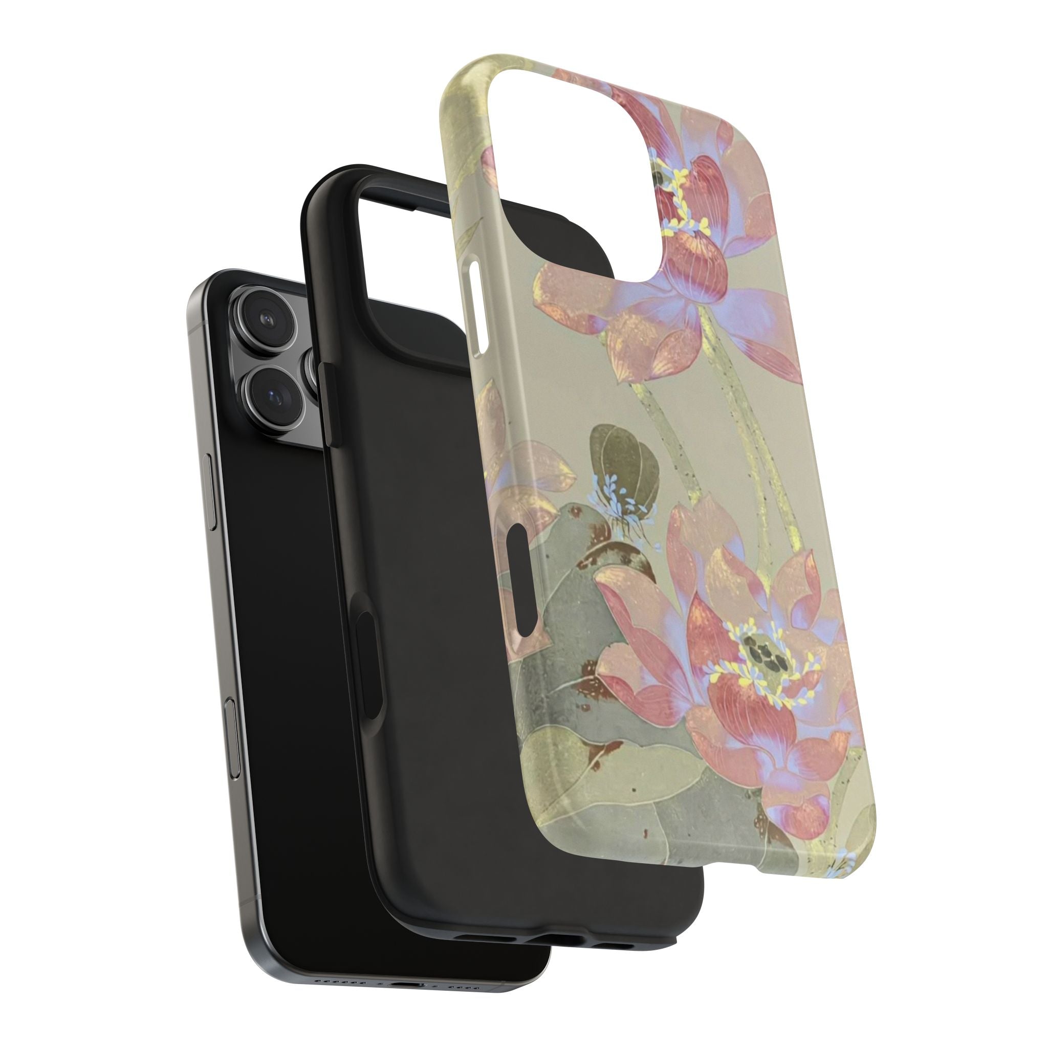 Orchid floral phone case with transparent back and pink orchids, side cutout for buttons