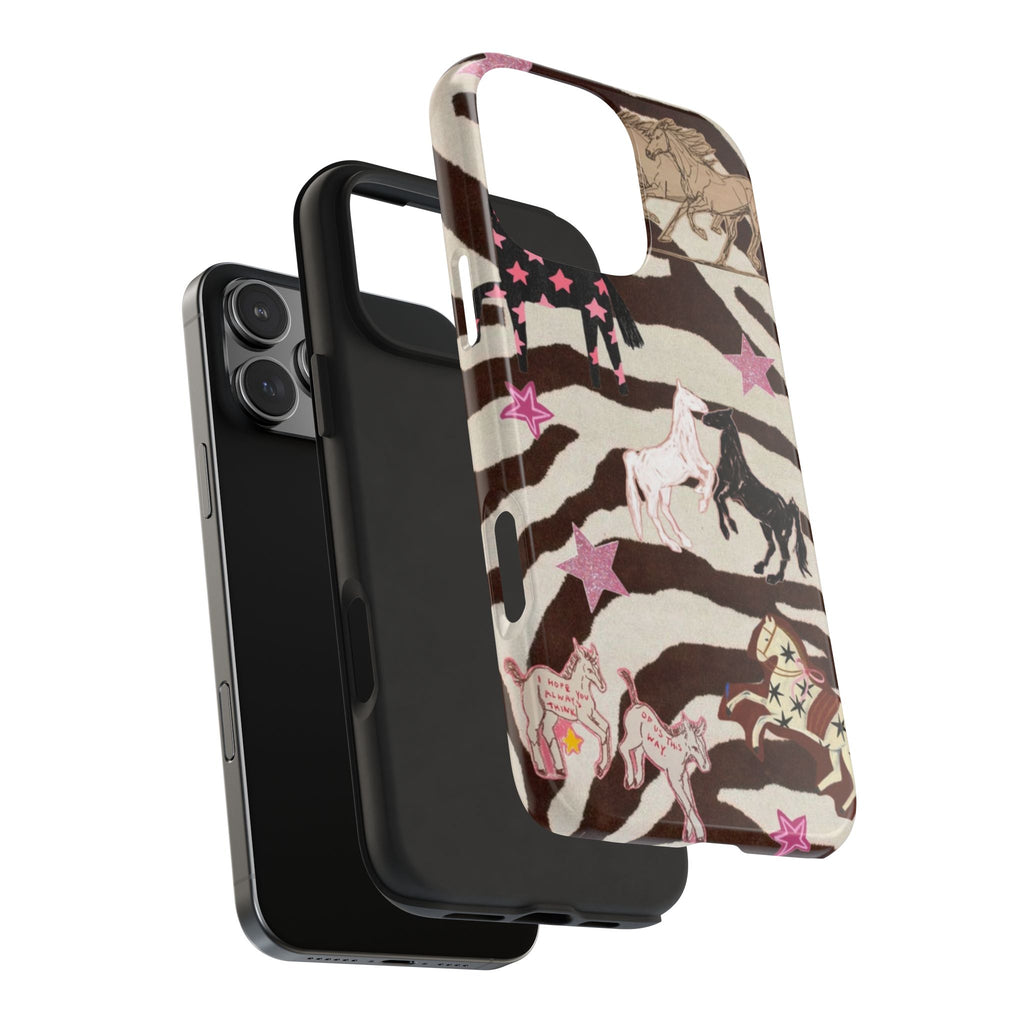 BROWN WESTERN WHIMSY PINK HORSES PHONE CASE