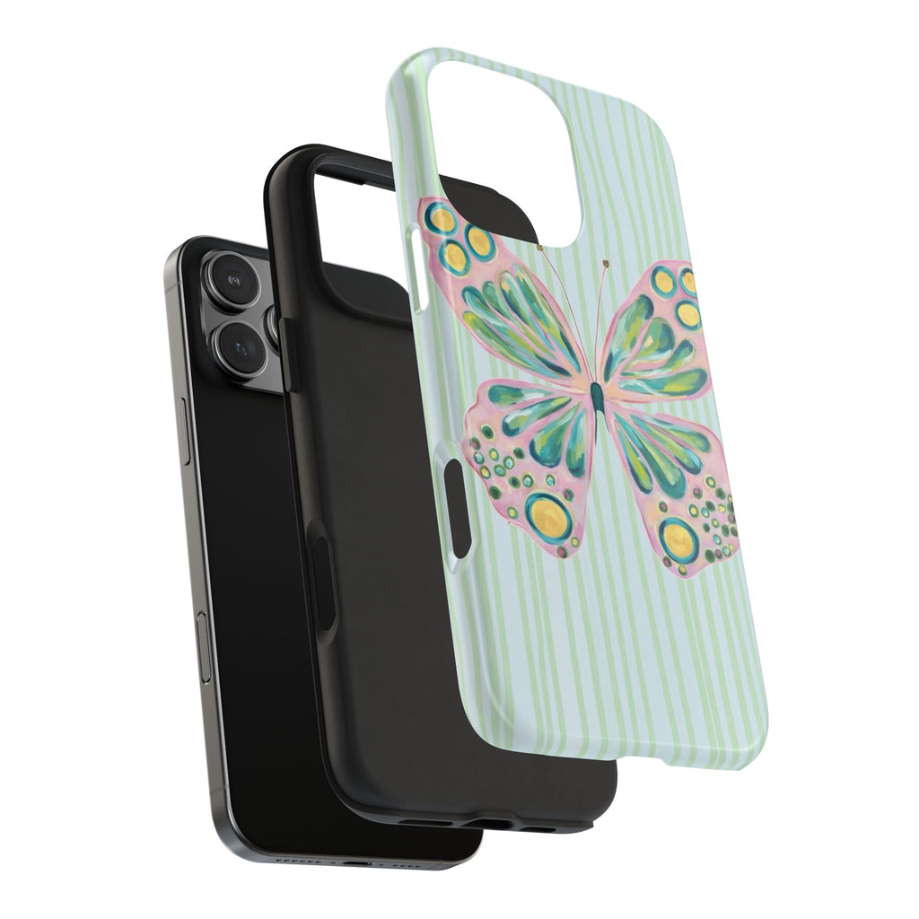 MINT STRIPES PINK BUTTERFLY PHONE CASE
