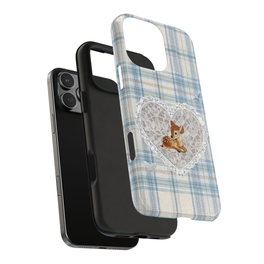 BLUE PLAID DEER LACE HEART COQUETTE PHONE CASE