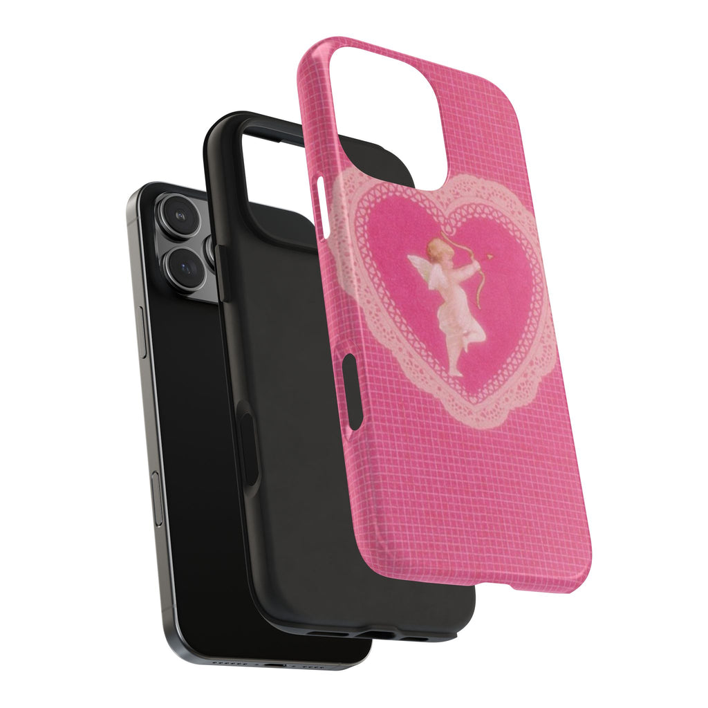 Pink angel heart phone case with textured grid and cupid heart art, raised camera edge