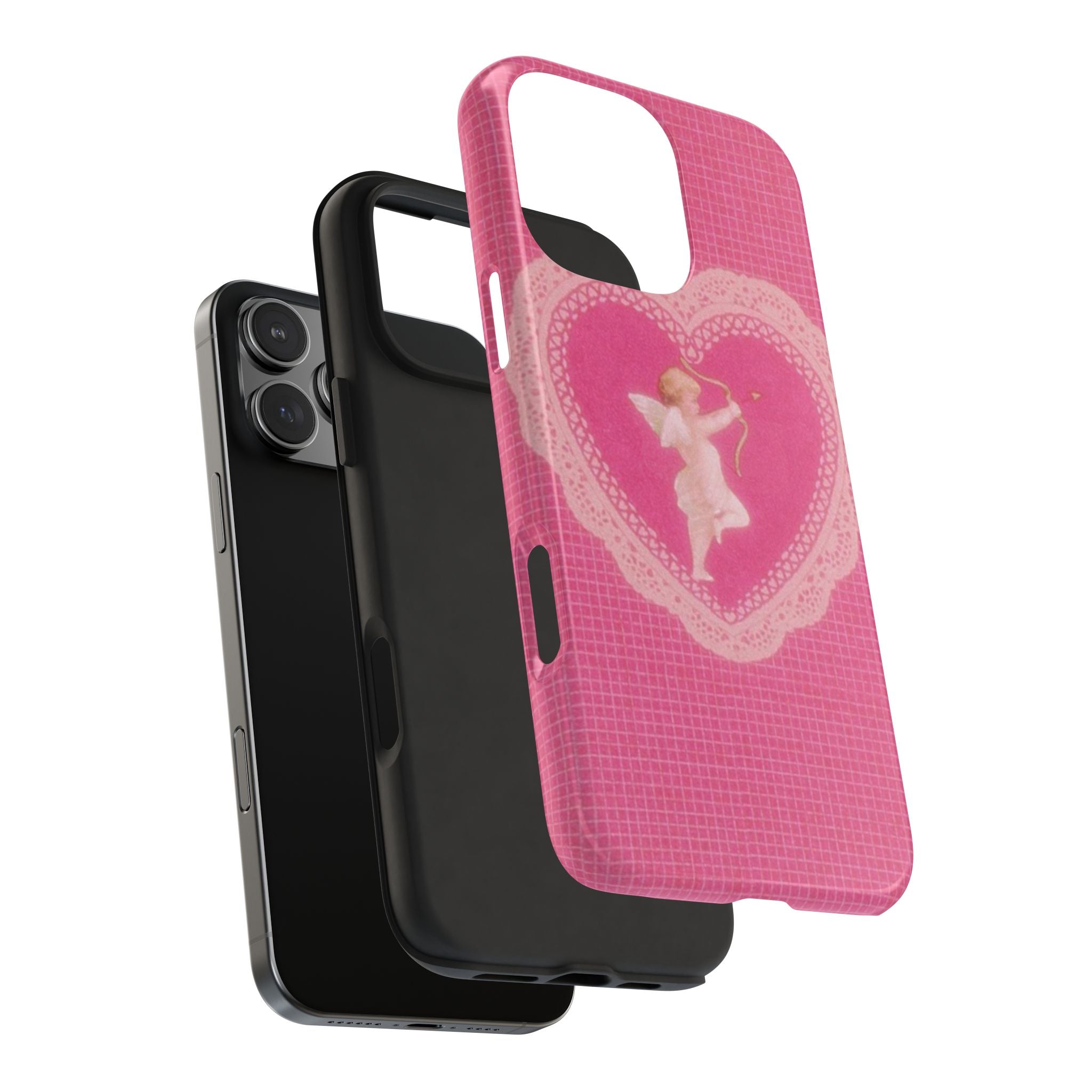 Pink angel heart phone case with textured grid and cupid heart art, raised camera edge