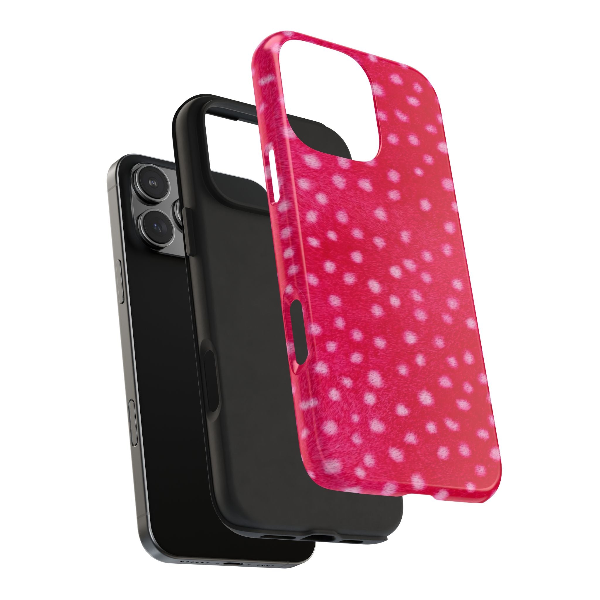 Pink fawn-spots phone case with open ports and raised edge, side view