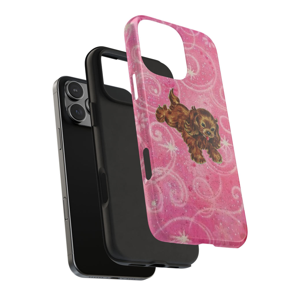 Pink puppy phone case with brown dog graphic; slim protective side design