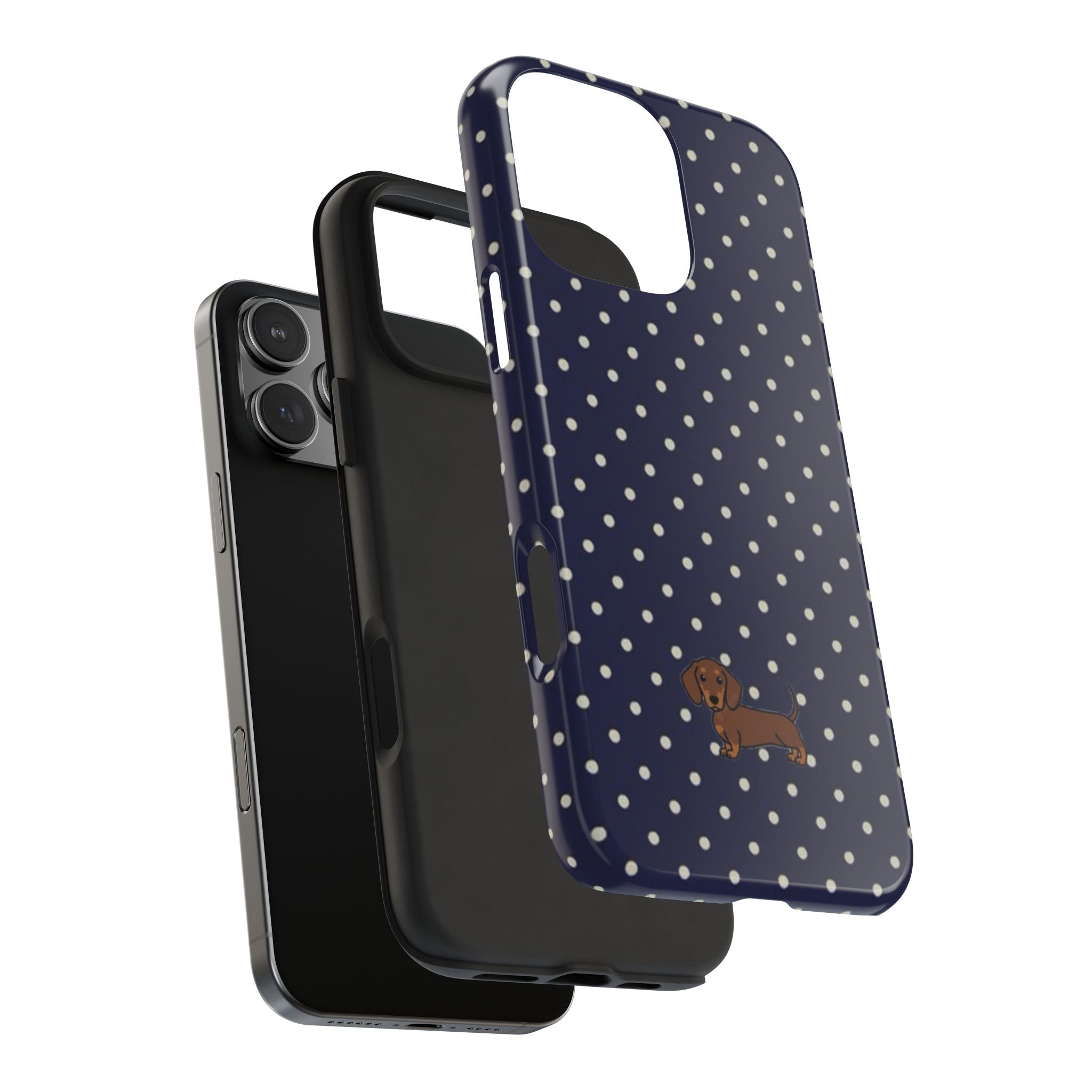 NAVY BLUE POLKA DOTS DACHSHUND PHONE CASE