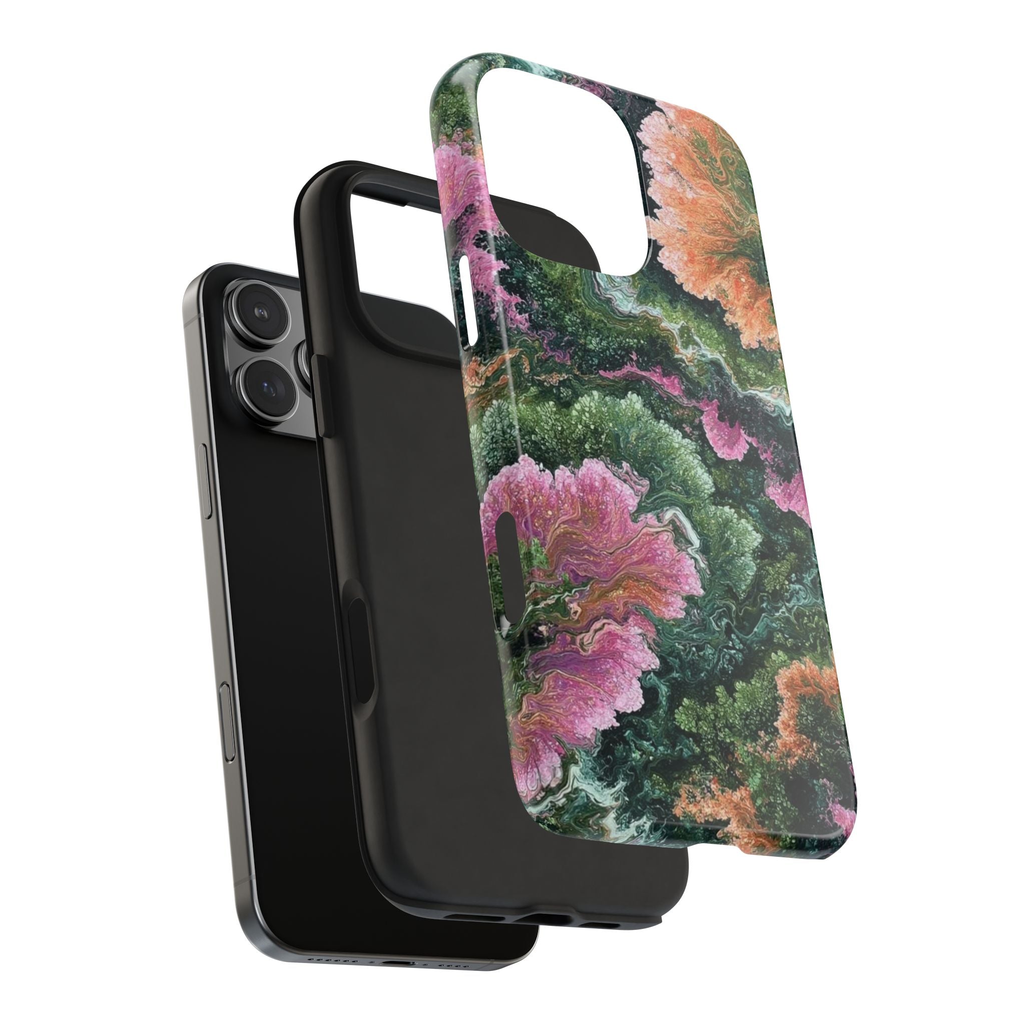 Emerald Minerals phone case with marbled green, pink and orange pattern, side view