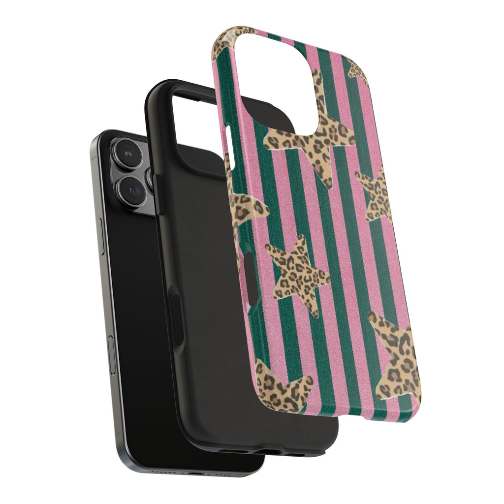 PINK & GREEN STRIPES LEOPARD STARS PHONE CASE