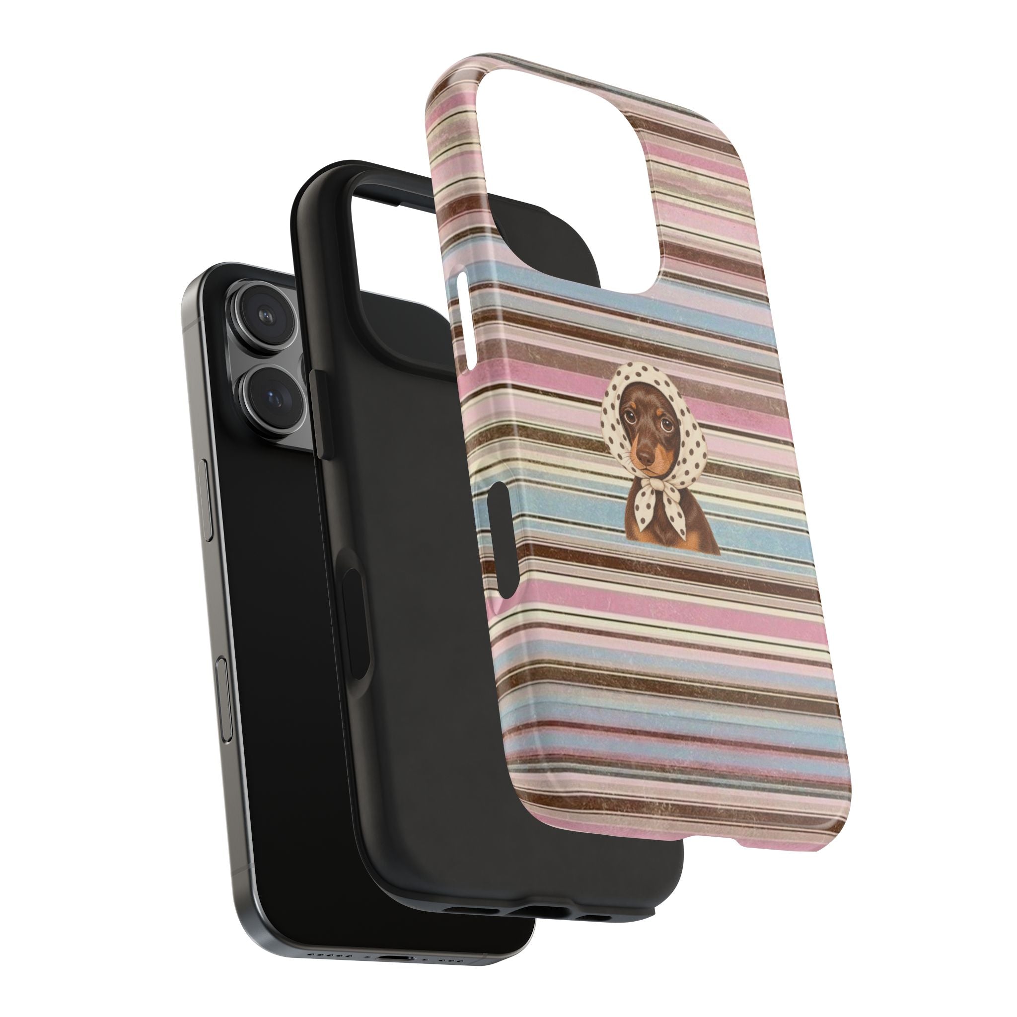 Striped dachshund phone case with side edge cutouts and pastel bands