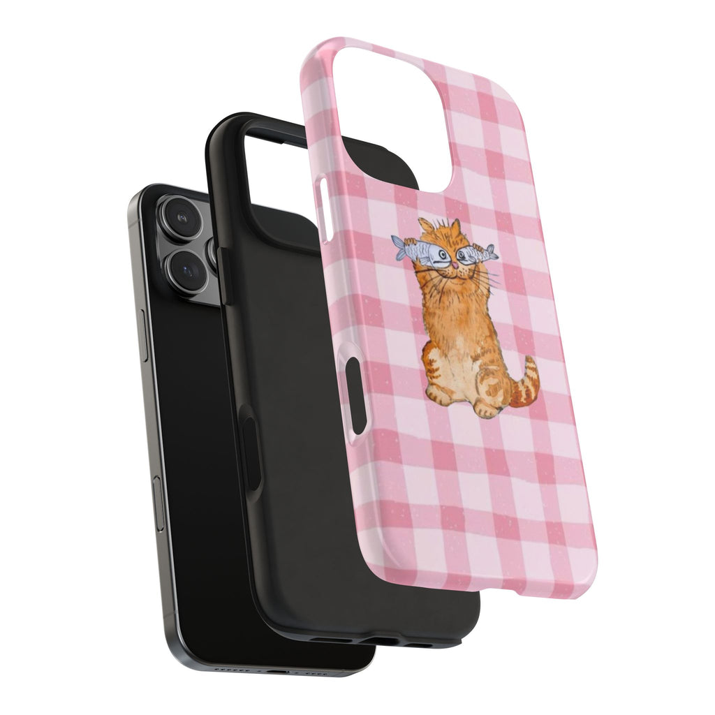 PINK GINGHAM ORANGE FISH CAT PHONE CASE