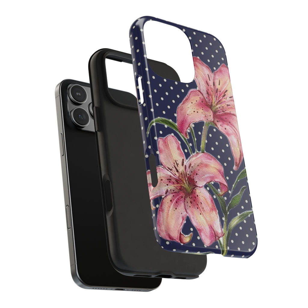 NAVY POLKA DOTS PINK LILY FLORAL PHONE CASE