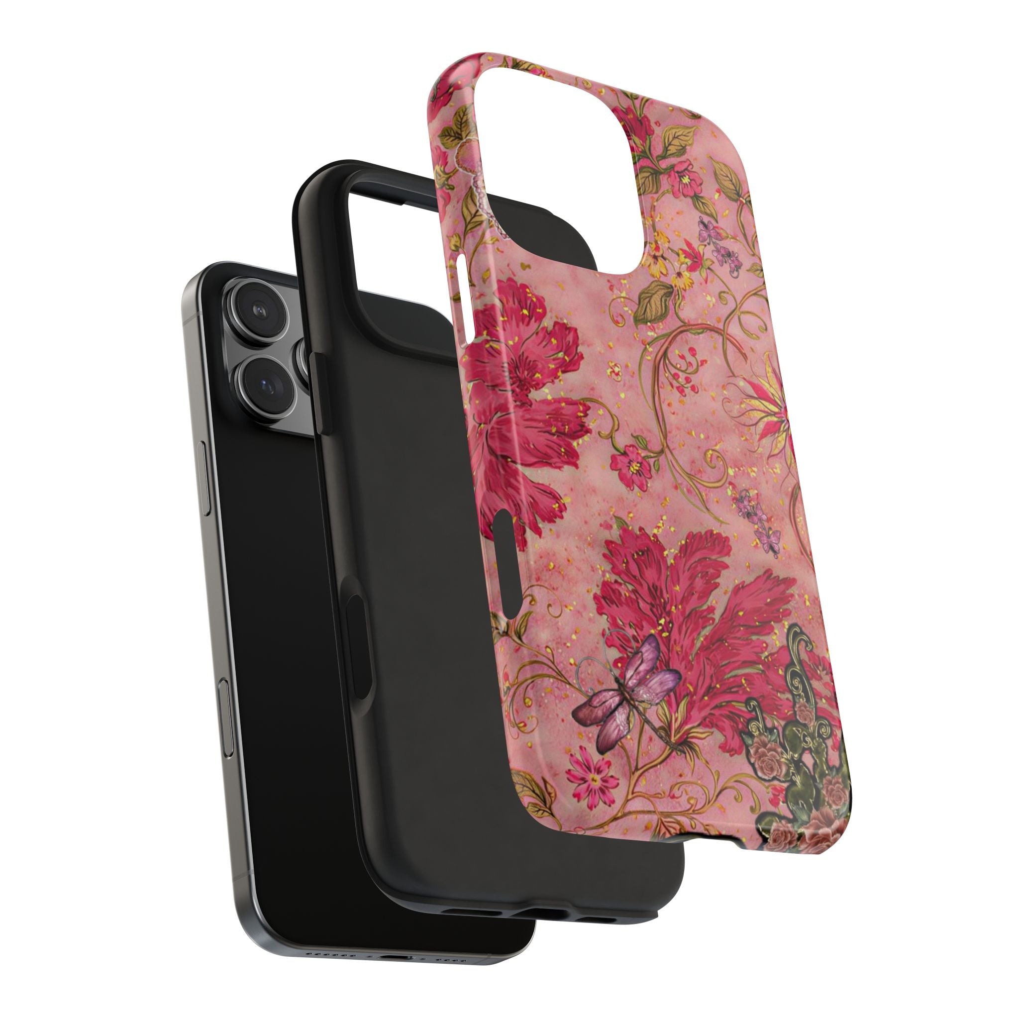 Pink floral phone case with butterfly design, shown in side view with phone