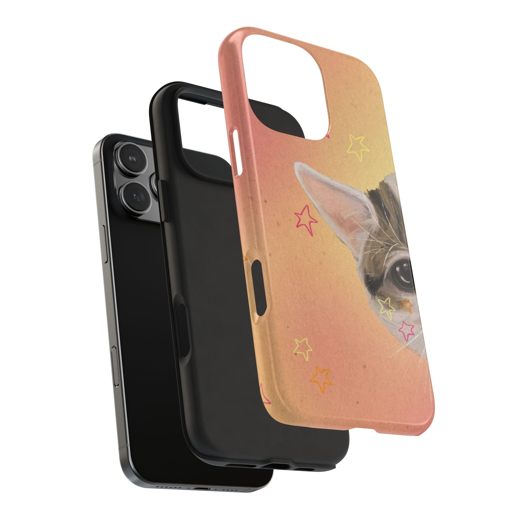 Orange peekaboo cat phone case with stars, showing side button and camera cutouts
