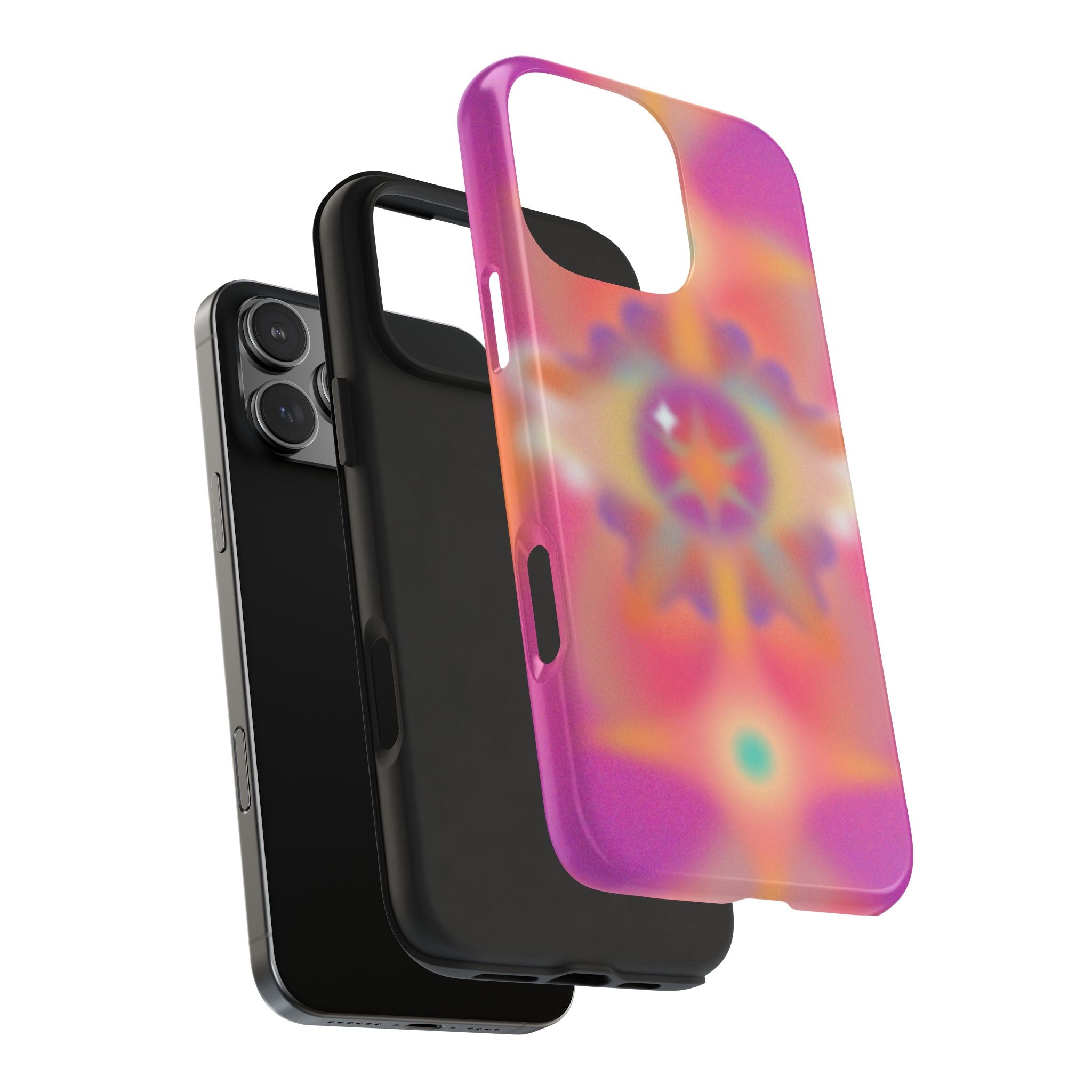 Purple abstract phone case with starburst pattern; angled view with side cutouts