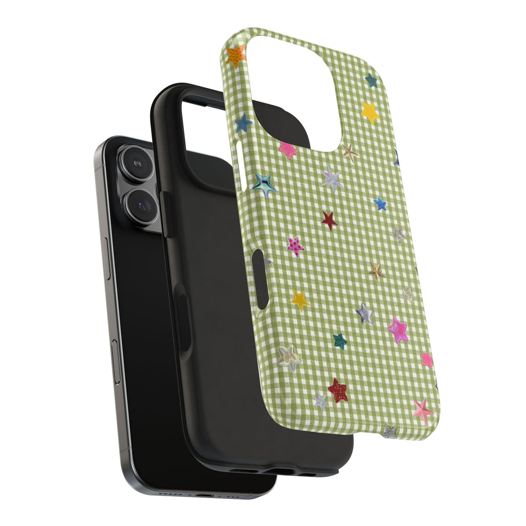 GREEN GINGHAM EMBELLISHED STARS PHONE CASE