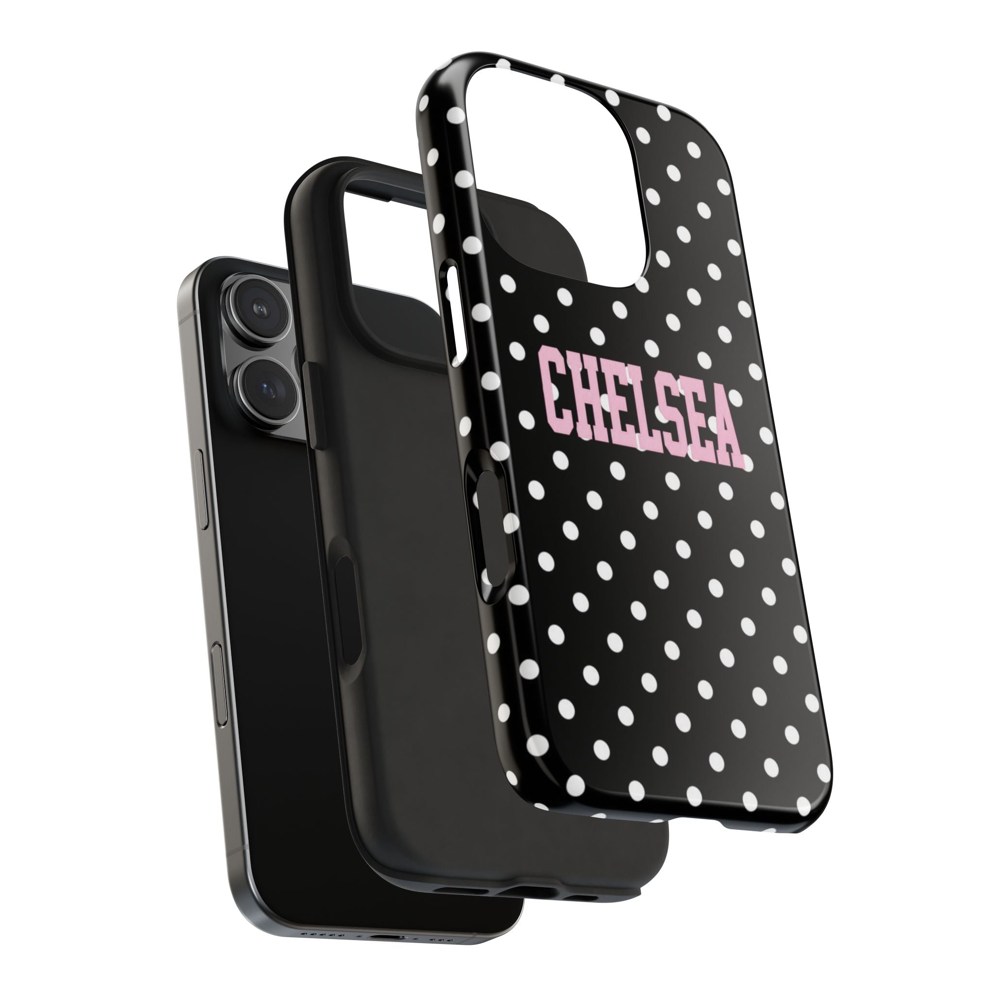 PERSONALIZED NAME CUSTOM BLACK & WHITE POLKA DOTS PINK VARSITY PHONE CASE