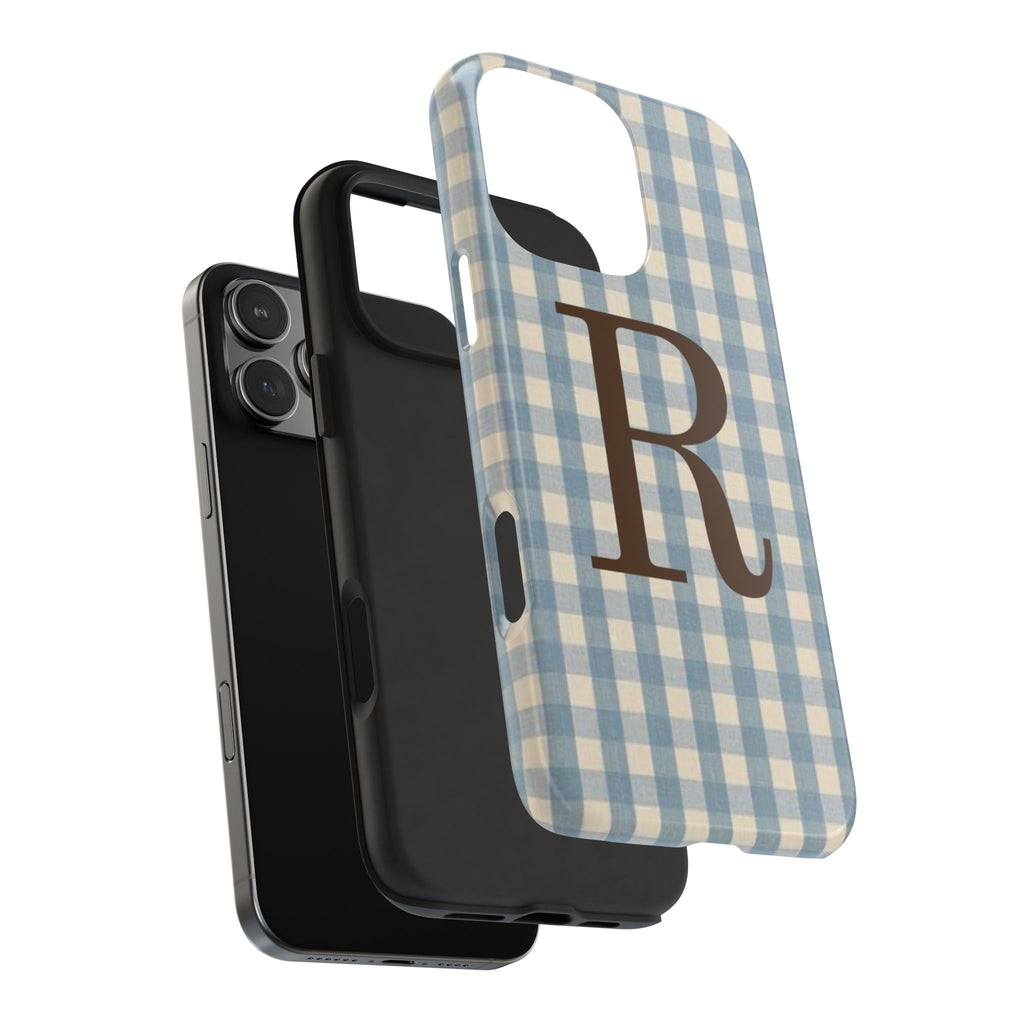 PERSONALIZED NAME CUSTOM VINTAGE BLUE GINGHAM BROWN INITIAL PHONE CASE