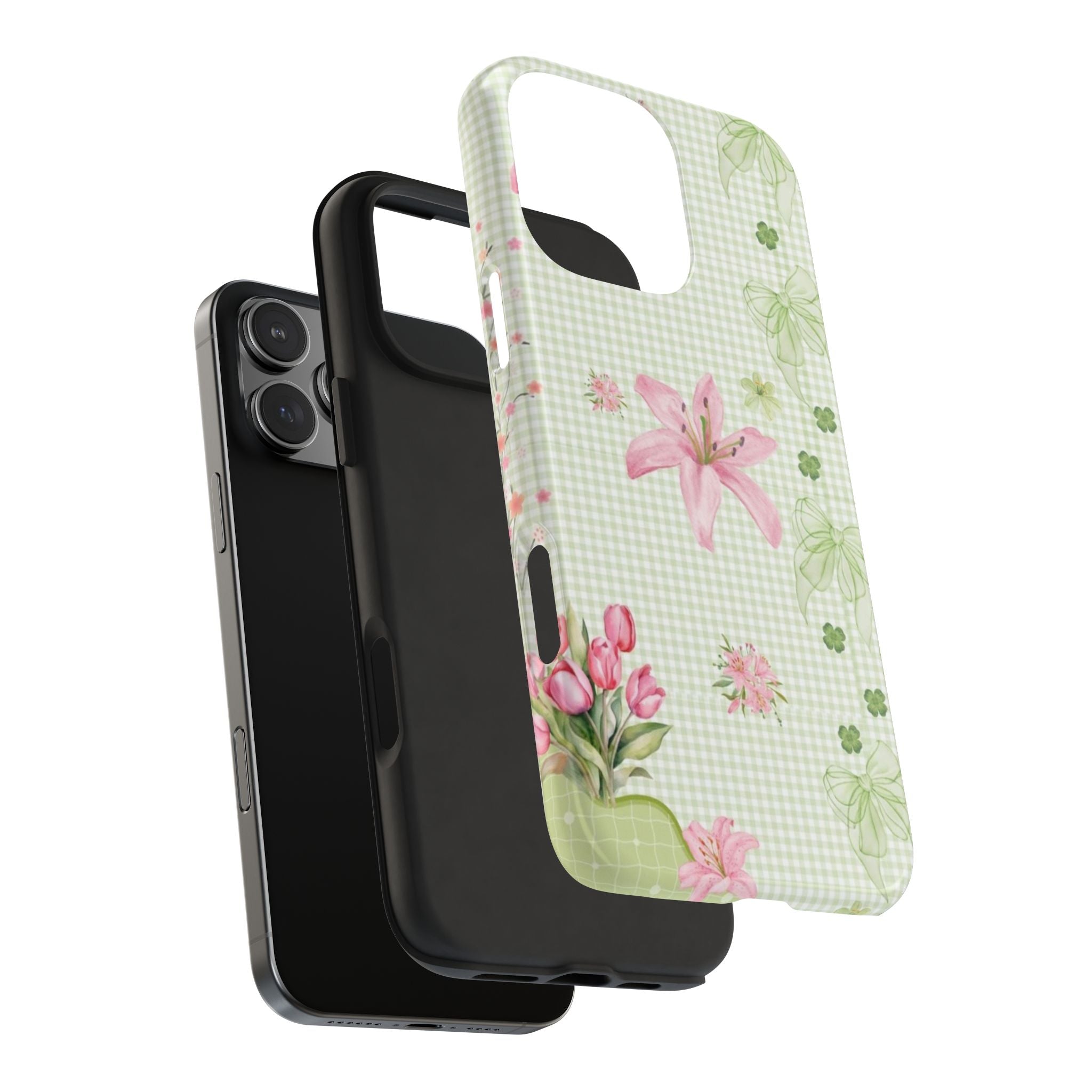 GREEN GINGHAM WHIMSY LILY BOWS PHONE CASE