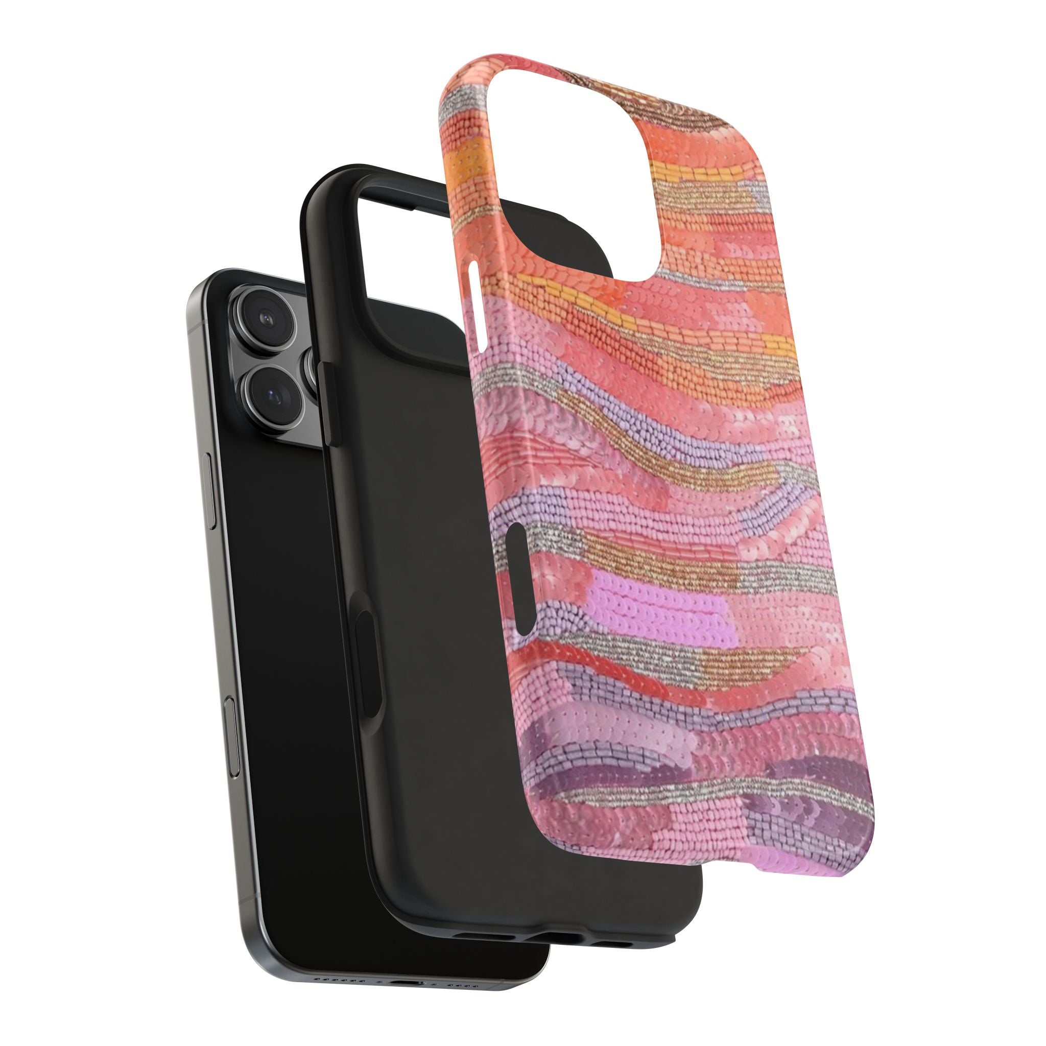 Embellished phone case with wavy orange, pink, and purple stripes; side cutout