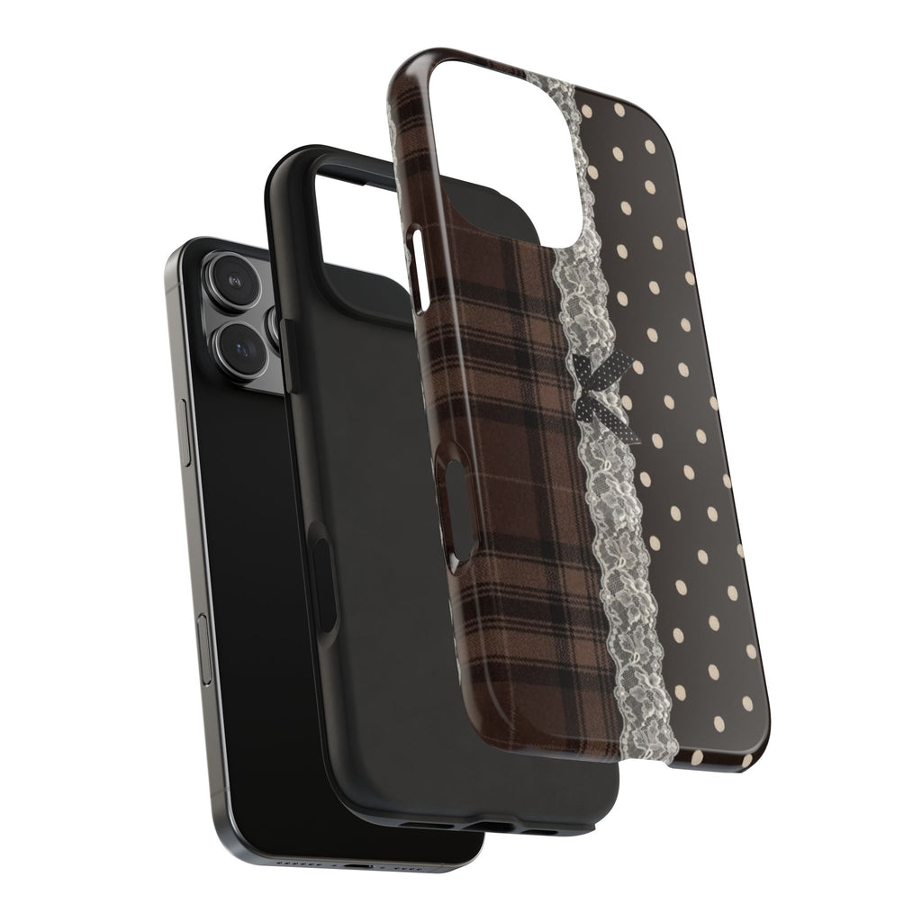 Brown plaid lace polka dots phone case, side grip and camera cutout