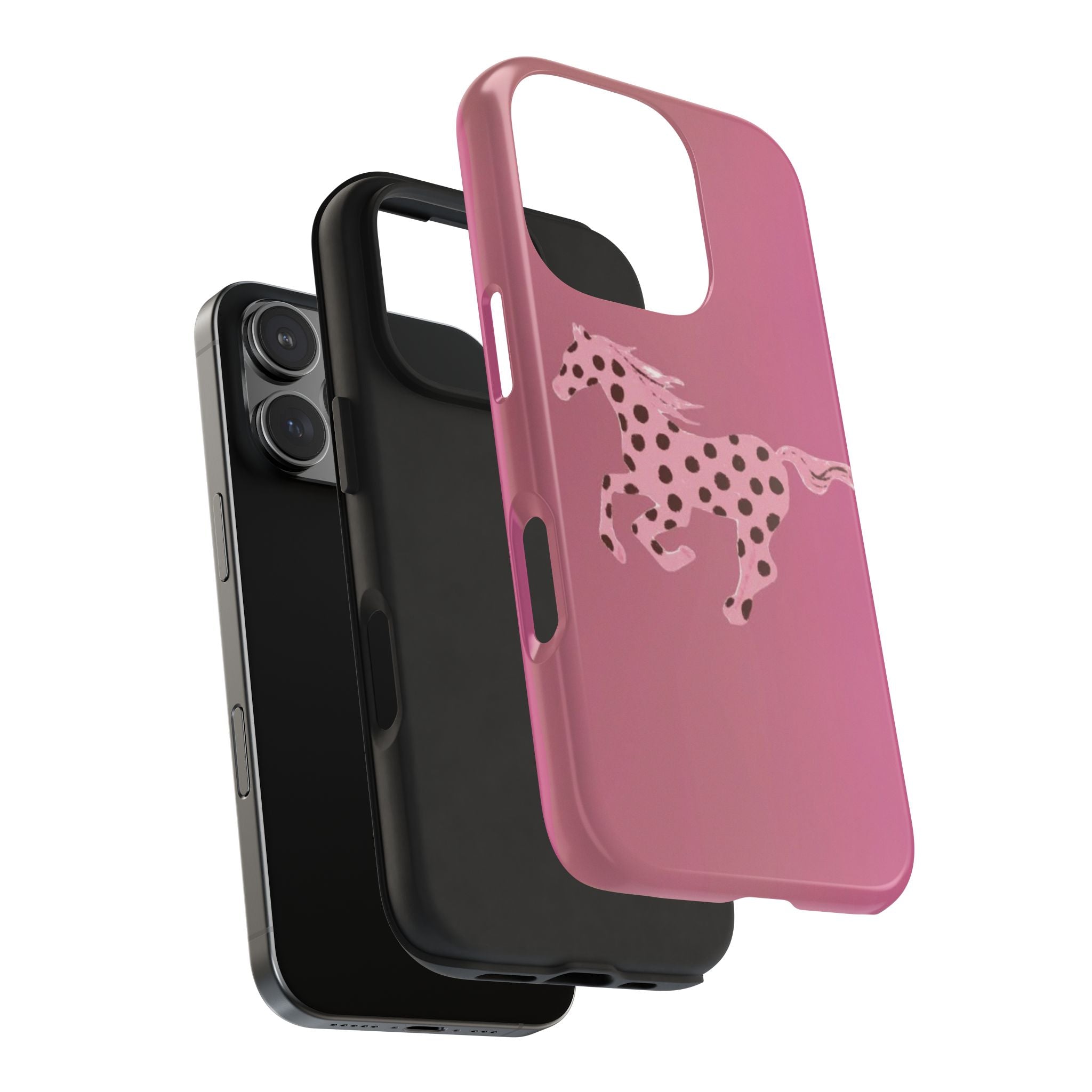Pink phone case with polka-dot horse graphic, side button cutouts and raised edges