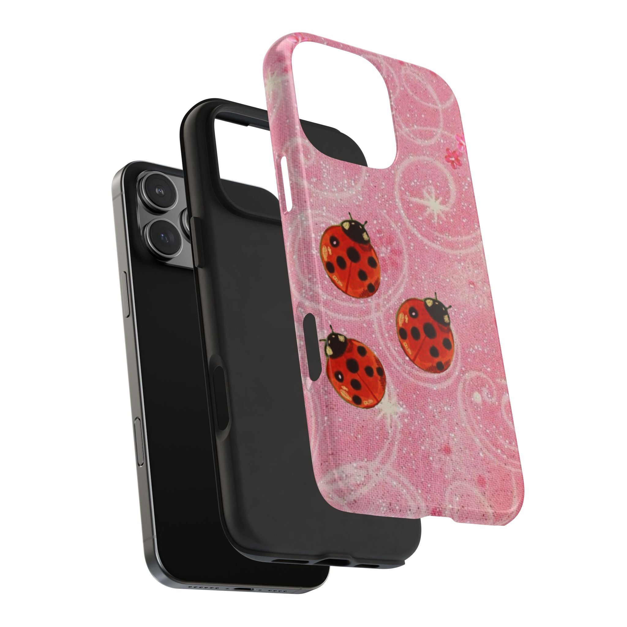 PINK WHIMSY GLITTER LADYBUGS PHONE CASE