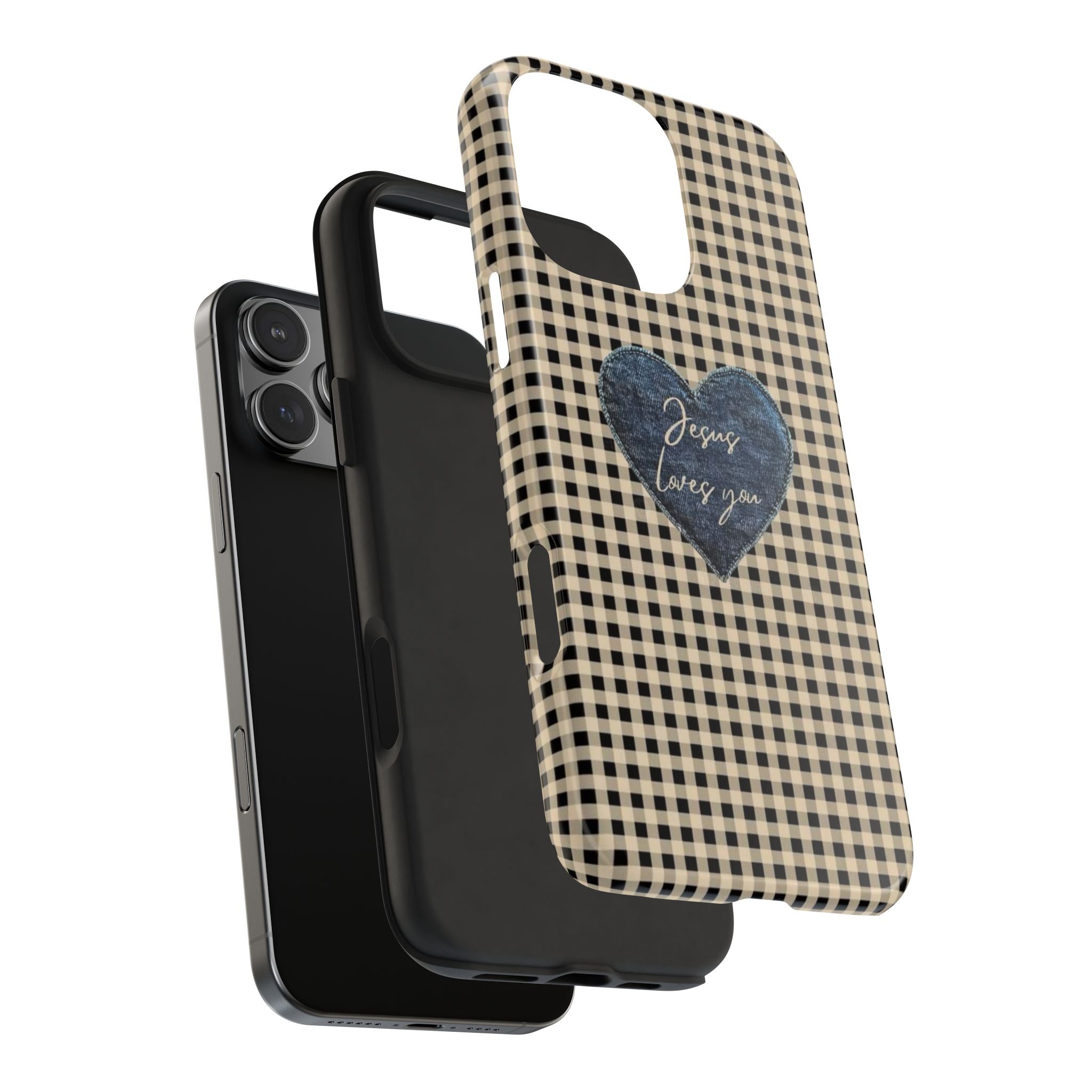BROWN GINGHAM JESUS LOVES YOU PHONE CASE