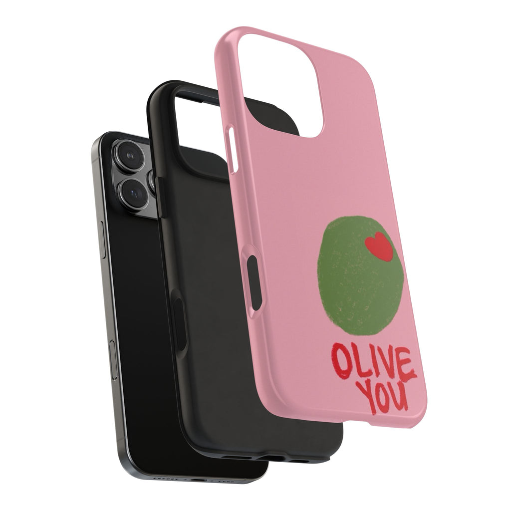Pink phone case back with green olive and red heart, OLIVE YOU lettering, cutout details.