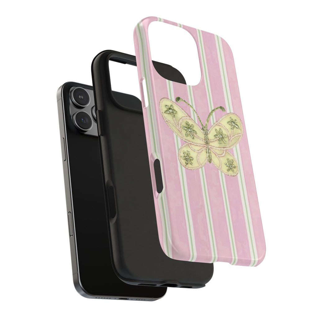 PINK STRIPES EMBELLISHED GREEN BUTTERFLY PHONE CASE