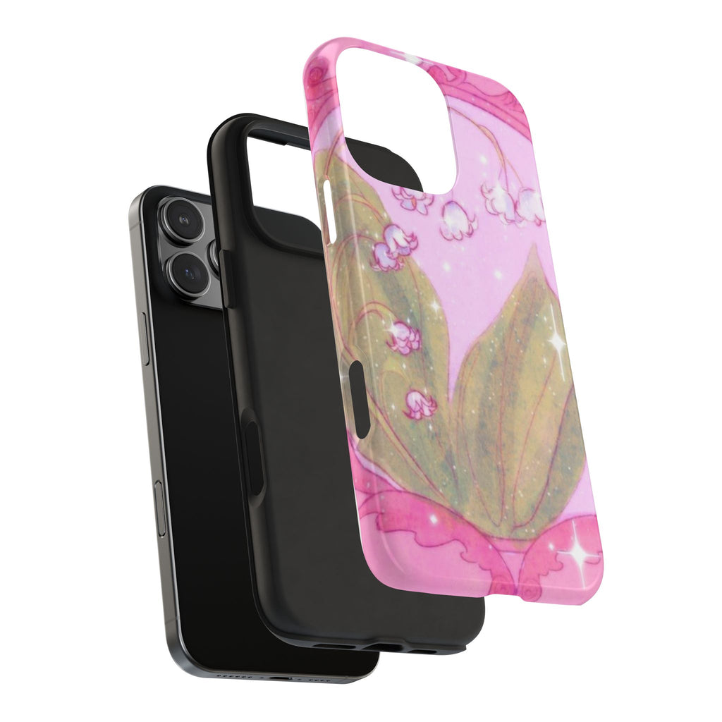 Pink fairy tale phone case with unicorn floral graphic, side view with phone