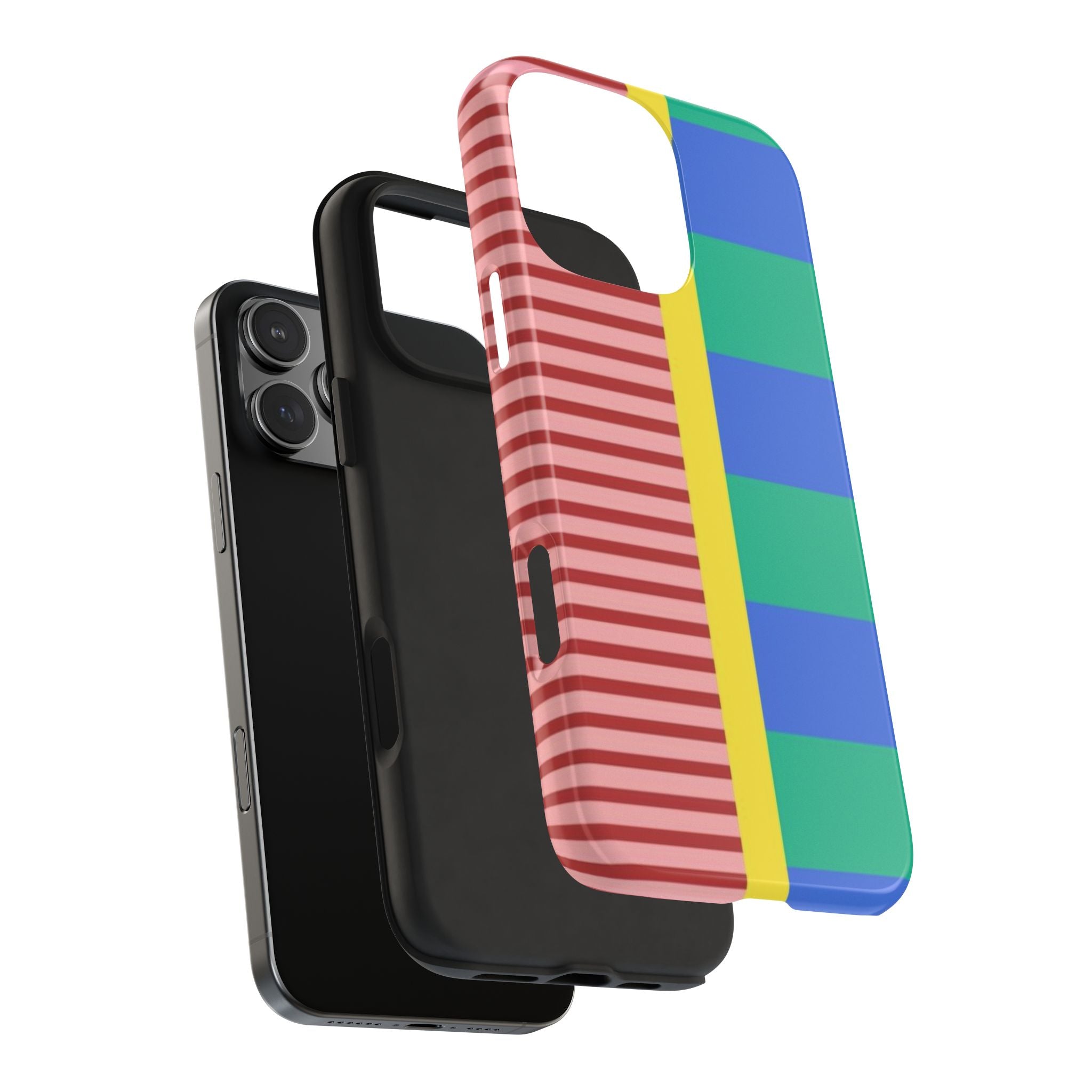 Multi-stripes phone case at an angle, red striped panel with yellow divider and blue-green blocks
