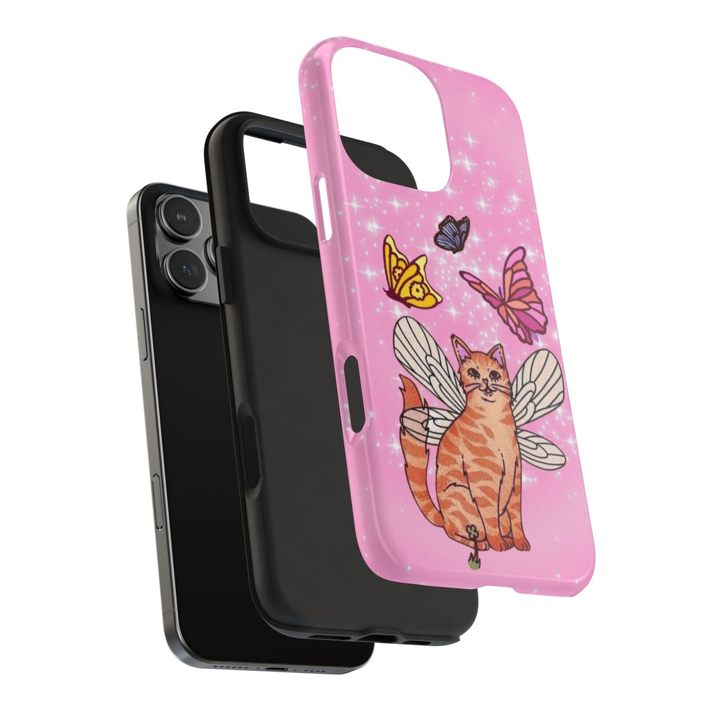 PINK BUTTERFLY WHIMSY ORANGE CAT PHONE CASE