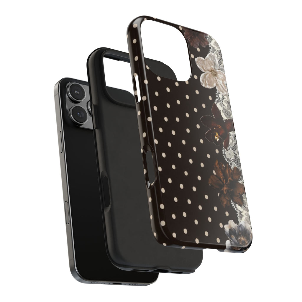 Black polka dot lace floral phone case with lace trim; shown with another black case