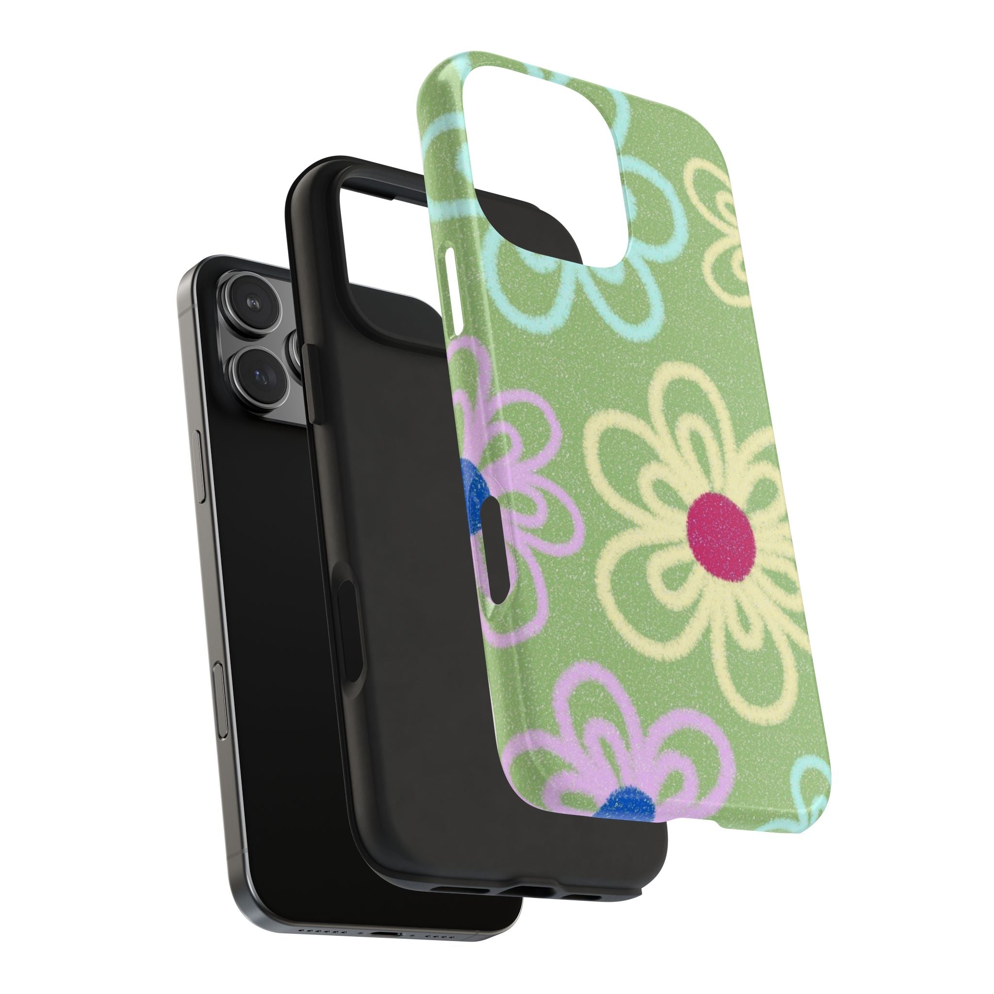 Green daisy floral phone case with side cutout and raised camera area